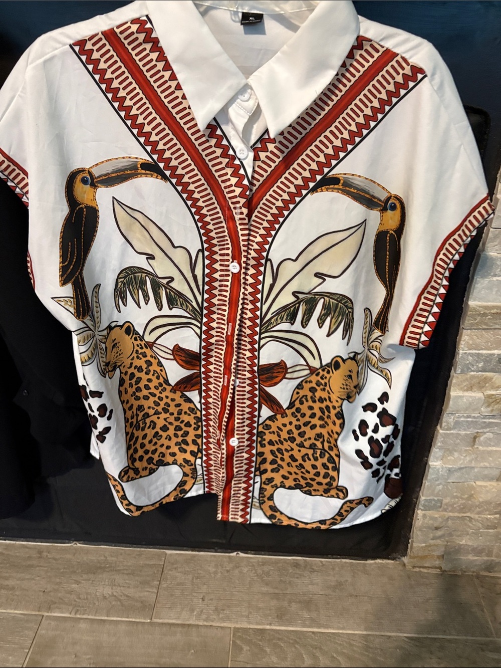 Mixed Print Short Sleeve Button-Up Top - White with Animal Print - Picture 4 of 10
